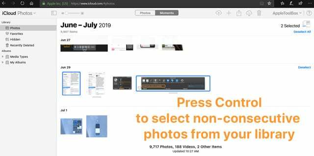 icloud.com seleciona uma série não consecutiva de fotos de iCloud.com no PC com Windows usando a tecla Control