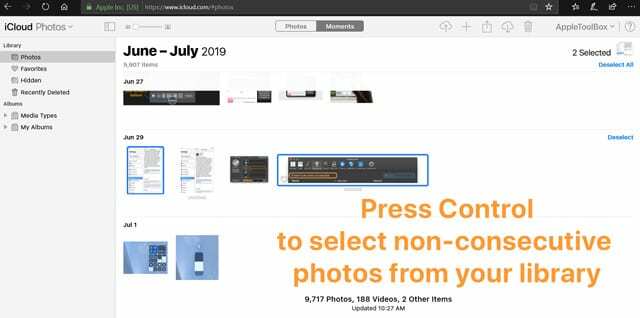 icloud.com seleziona un intervallo non consecutivo di foto da iCloud.com su PC Windows utilizzando il tasto Ctrl