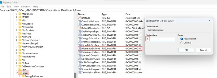 ตัวเลือก HibernateEnabled ใน Registry Editor