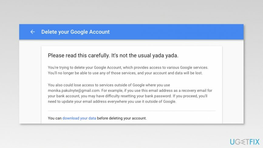 Страница удаления вашей учетной записи Google