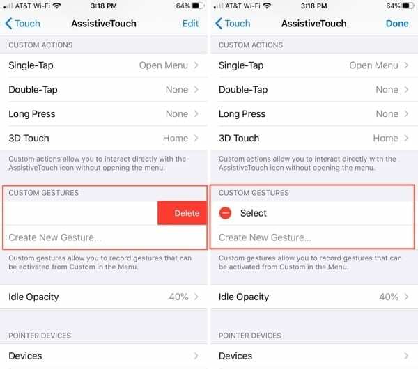 AssistiveTouch Διαγραφή προσαρμοσμένων χειρονομιών-iPhone