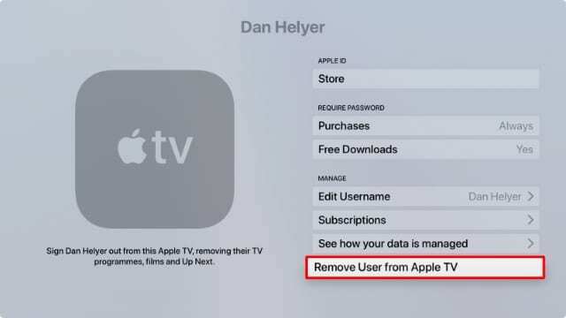 Eemalda kasutaja konto seadetes Apple TV valikust