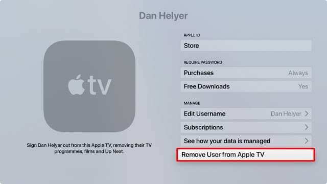 Fjern bruker fra Apple TV-alternativet i Kontoinnstillinger