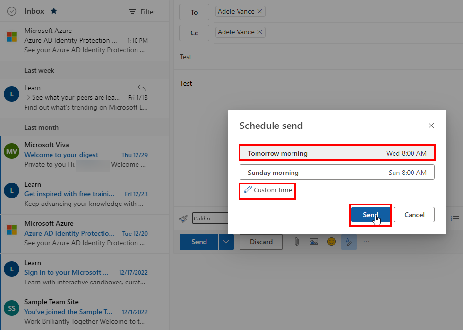 Een e-mail verzenden vanuit Outlook web met de functie voor vertraagde bezorging