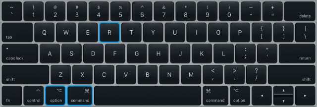 Tastatura MacBook evidențiază opțiunea+comandă+tastele R