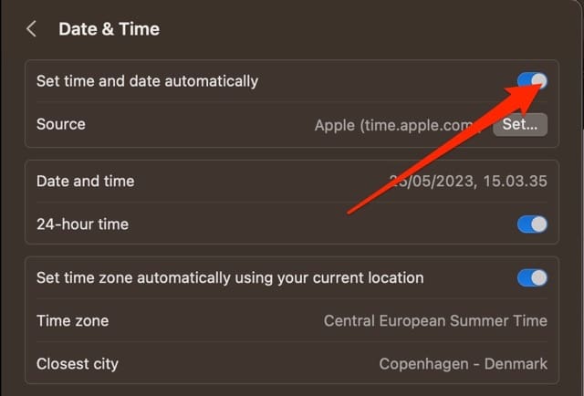 Configurações de data e hora do macOS