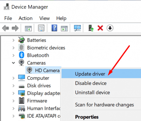actualizați driverul camerei web Windows 10