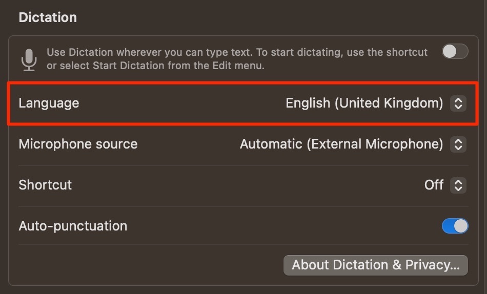 Posnetek zaslona, ​​ki prikazuje, kako spremeniti jezik za narekovanje v sistemu Mac