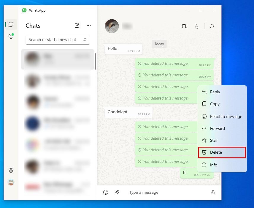 Menggunakan WhatsApp hapus untuk saya di Windows 10 atau Windows 11