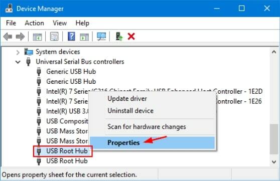 Eigenschaften des USB-Root-Hubs