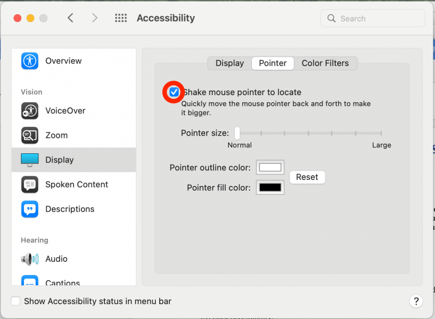 Secouez le pointeur de la souris pour localiser. Lorsque cette case est cochée, si vous secouez rapidement la souris d'avant en arrière, la flèche deviendra énorme pendant un moment afin que vous puissiez la trouver facilement.