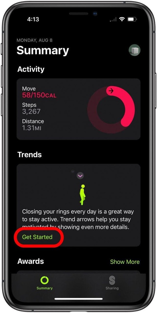 Hauptzusammenfassungsbildschirm der Fitness-App mit der Markierung „Erste Schritte“ im Feld „Trends“.