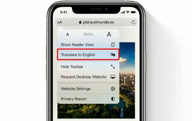 Tlačítko Přeložit do angličtiny v Safari na iOS 14
