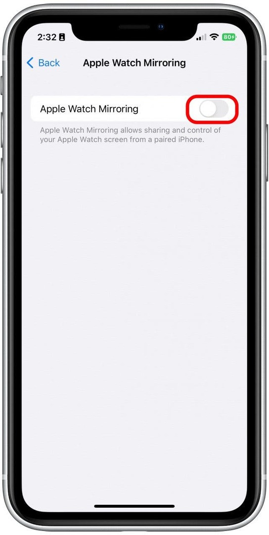 Įjunkite „Apple Watch Mirroring“. Įjungus jis bus žalias, o ekrane pasirodys tiesioginis „Apple Watch“ vaizdas.
