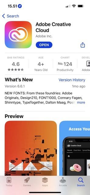 Screenshot, der die Adobe Creative Cloud-App im App Store zeigt