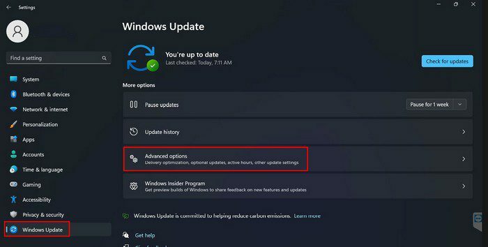 고급 옵션 Windows 업데이트