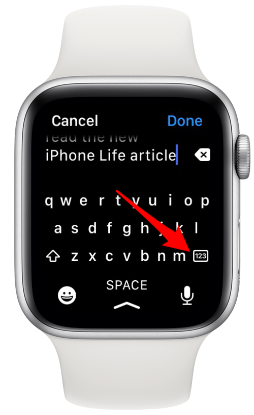 Ak chcete prepnúť z písmen na čísla, klepnite na tlačidlo 123 – ako pridať klávesnicu do hodiniek Apple Watch
