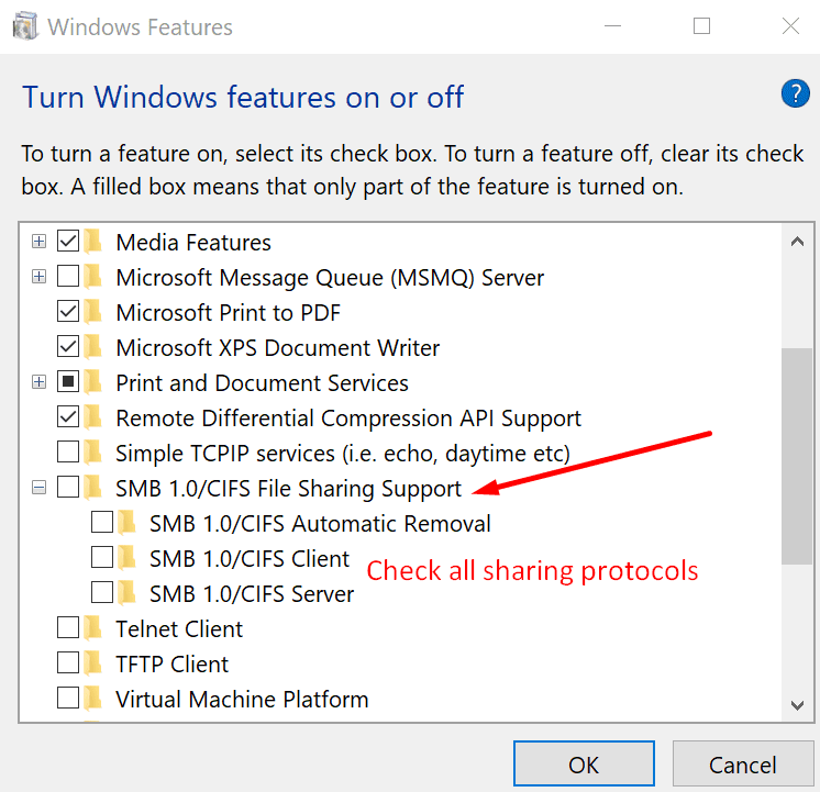 włącz protokoły udostępniania Windows 10