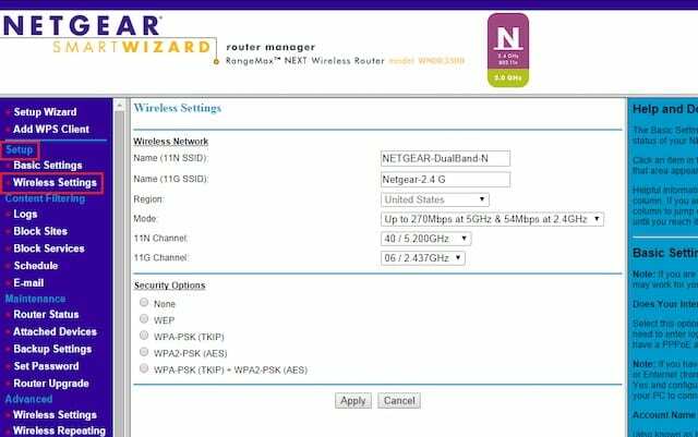 לוח הבקרה של נתב Netgear