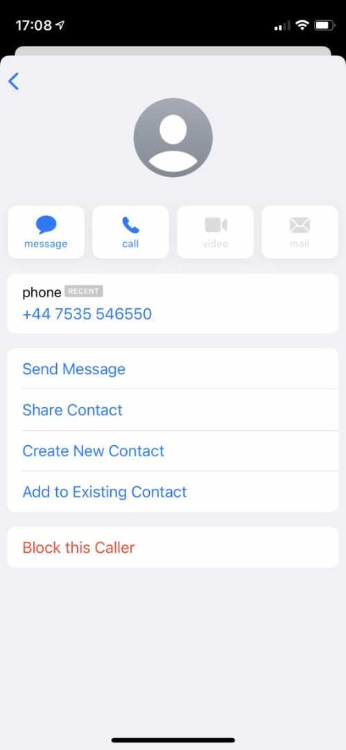 iPhone-contactkaart met blokkeringsoptie