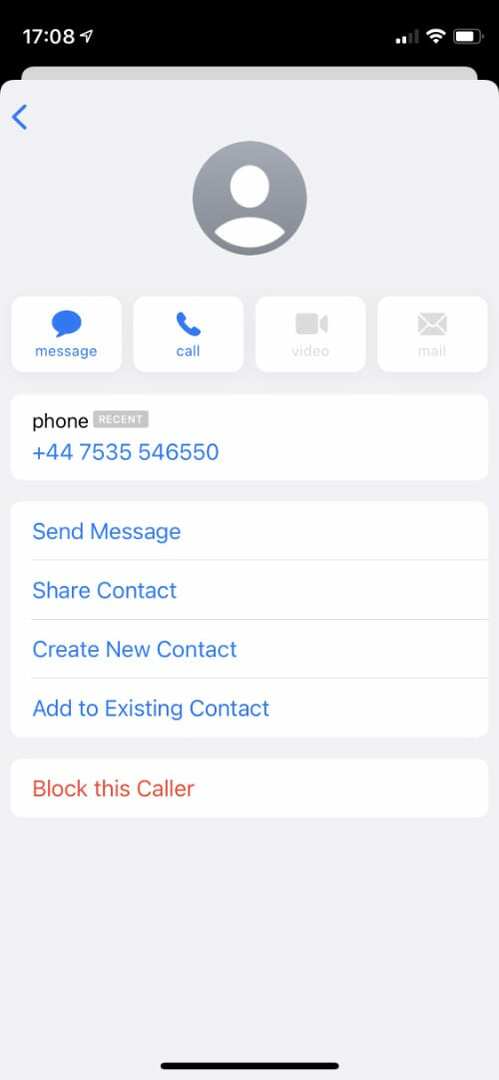 Tarjeta de contacto de iPhone con opción de bloqueo