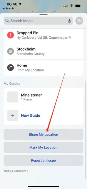 Screenshot, der zeigt, wie man den Standort in Karten auf dem iPhone teilt