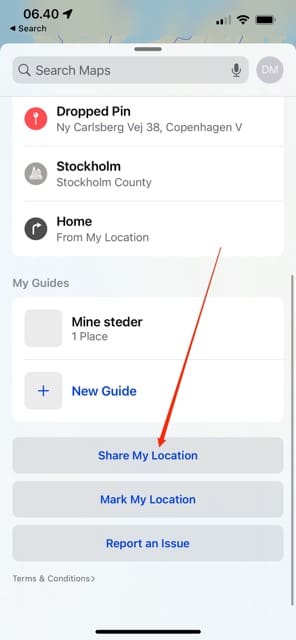 iPhone पर मानचित्र में स्थान साझा करने का तरीका दिखाने वाला स्क्रीनशॉट