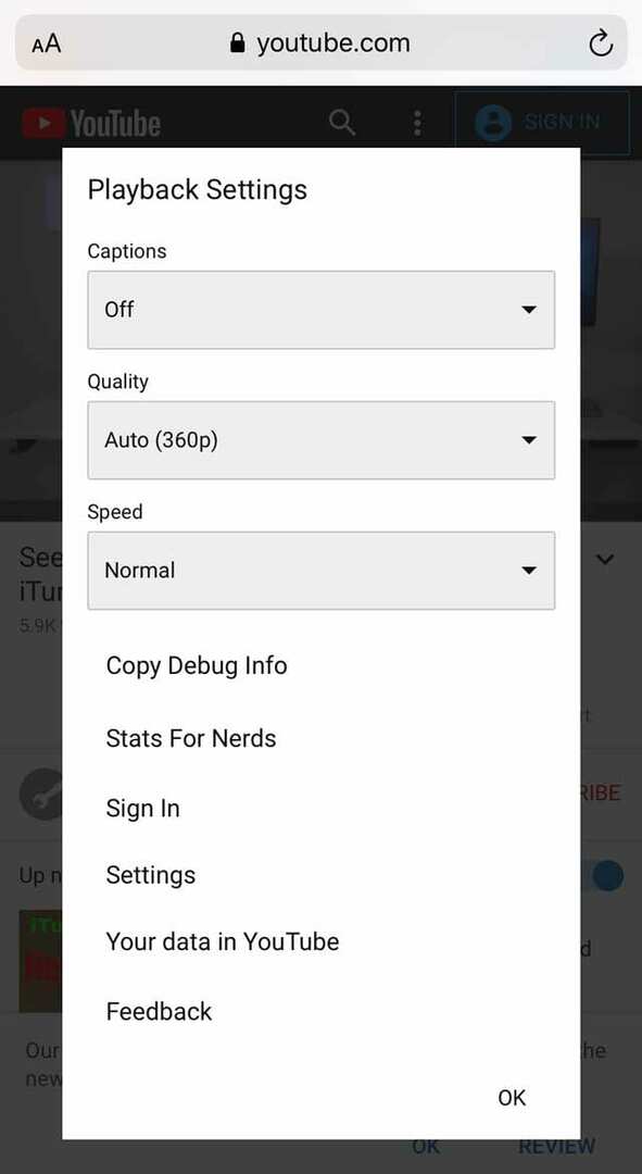 impostazioni di qualità di riproduzione e risoluzione video per YouTube in Safari