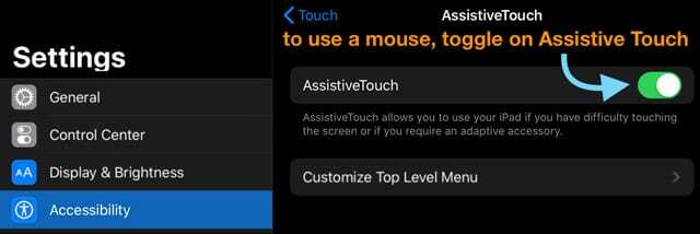 כדי להשתמש בעכבר באייפד או באייפון, הפעל מגע מסייע