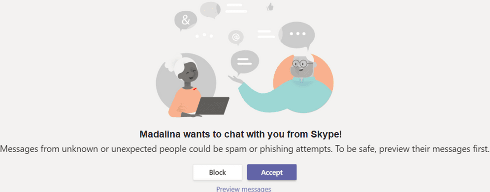 användare vill chatta med dig från Skype Microsoft Teams meddelande
