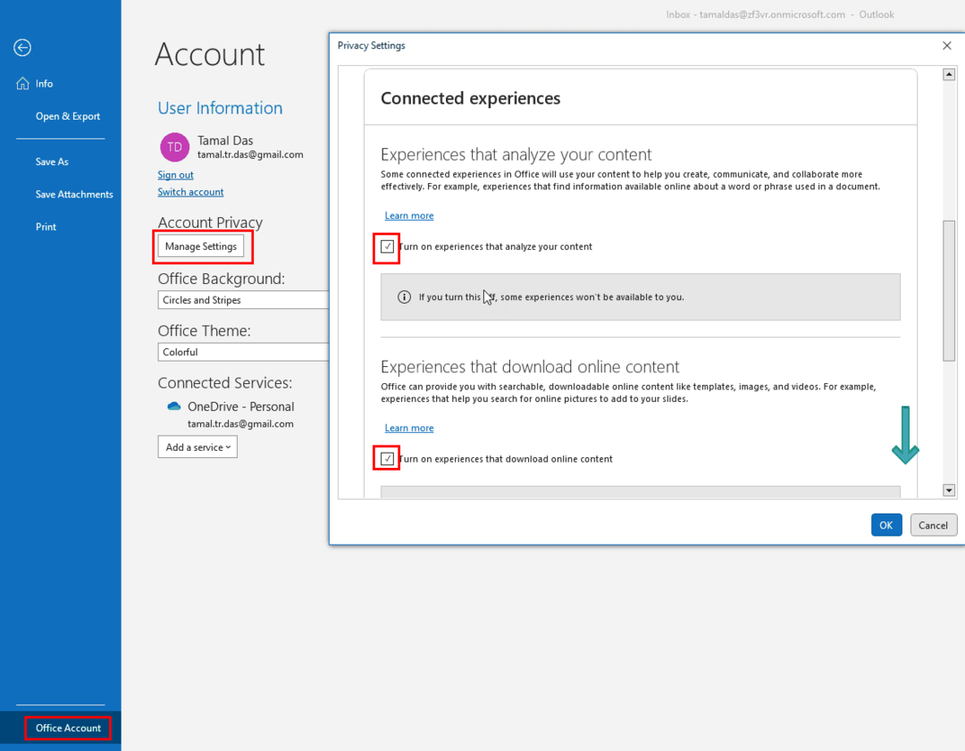 Kako rešiti težavo s tem, da je gumb Get Add-ins za Outlook zasenčen z uporabo menija Office Accounts