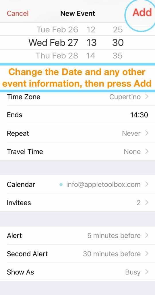 актуализирайте копирана информация за събития в календара на iOS iPhone