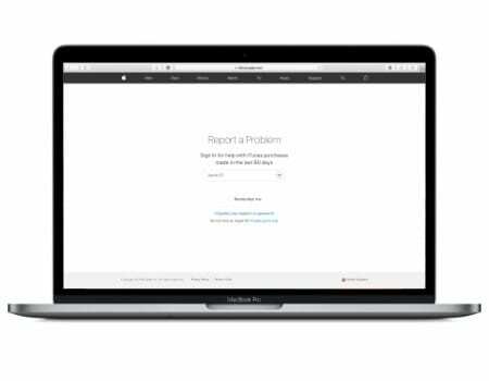 Captură de ecran a site-ului web Raportați o problemă pe un MacBook