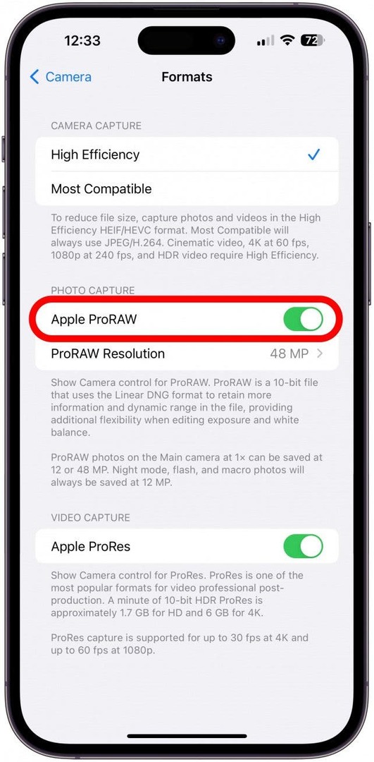 Apple PRORAW पर टॉगल करें