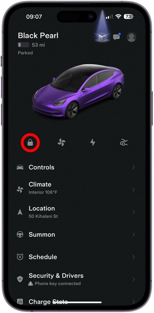 अपनी कार को कहीं से भी लॉक करने के लिए टेस्ला ऐप का उपयोग करें।