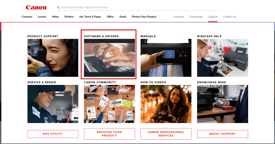 Cannon - Onglet Support puis cliquez sur logiciel et pilote