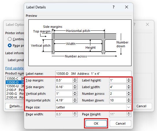 Creación de una nueva configuración de etiqueta en Combinar correspondencia