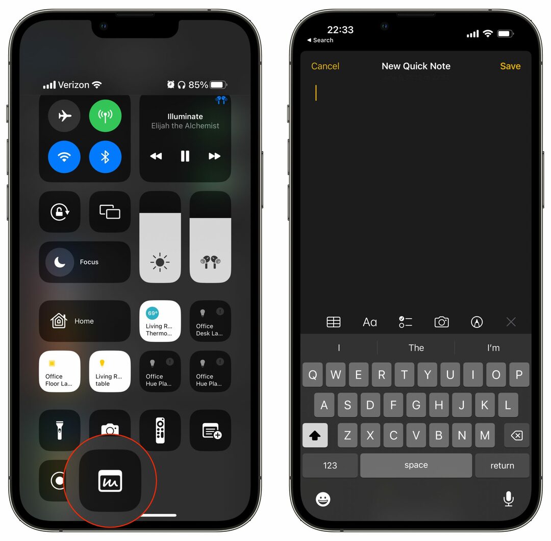 Quick Note -sovelluksen käyttäminen iPhonessa - Ohjauskeskus - 2