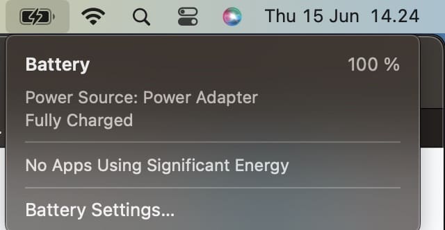 Ikona nastavení baterie Mac