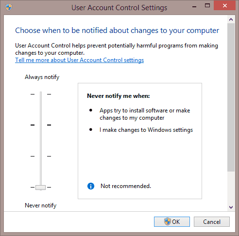 Okno Ustawienia kontroli konta użytkownika w systemie Windows 8