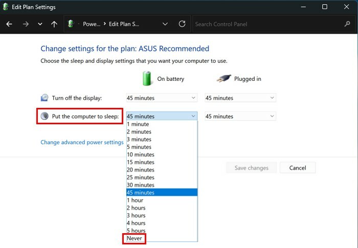 Option Mettre l'ordinateur en veille dans le Panneau de configuration