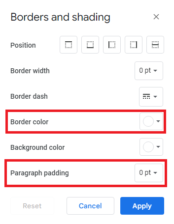 Batas dan Bayangan - Warna Batas dan Bantalan Paragraf