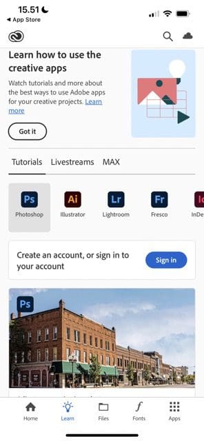 Screenshot, der eine Registerkarte auf Adobe CC auf iOS zeigt