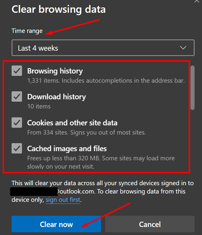 очистити кеш-пам'ять Microsoft Edge і файли cookie