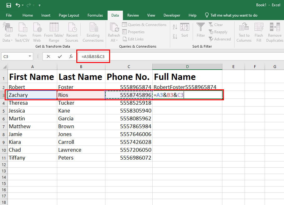 Kahden sarakkeen yhdistäminen Excelissä et-operaattorilla