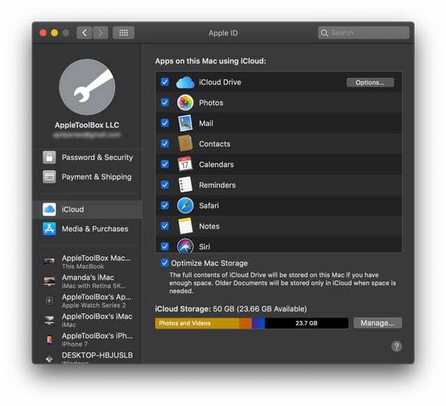 Opțiuni macOS iCloud în macOS Catalina