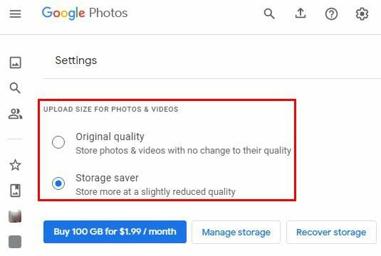 Google Photos პარამეტრების ხარისხი