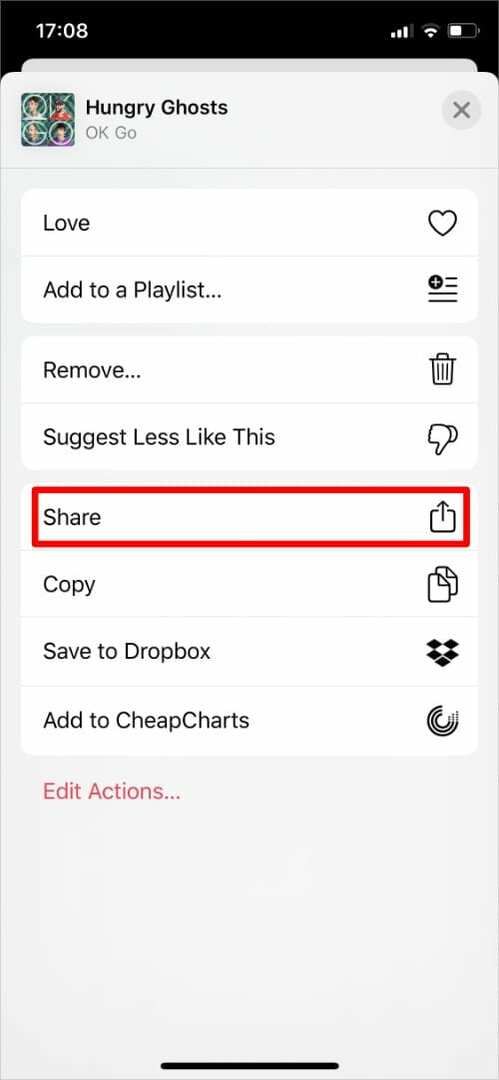 Apple Music Share Sheet mit Hervorhebung der Share-Schaltfläche für ein Album