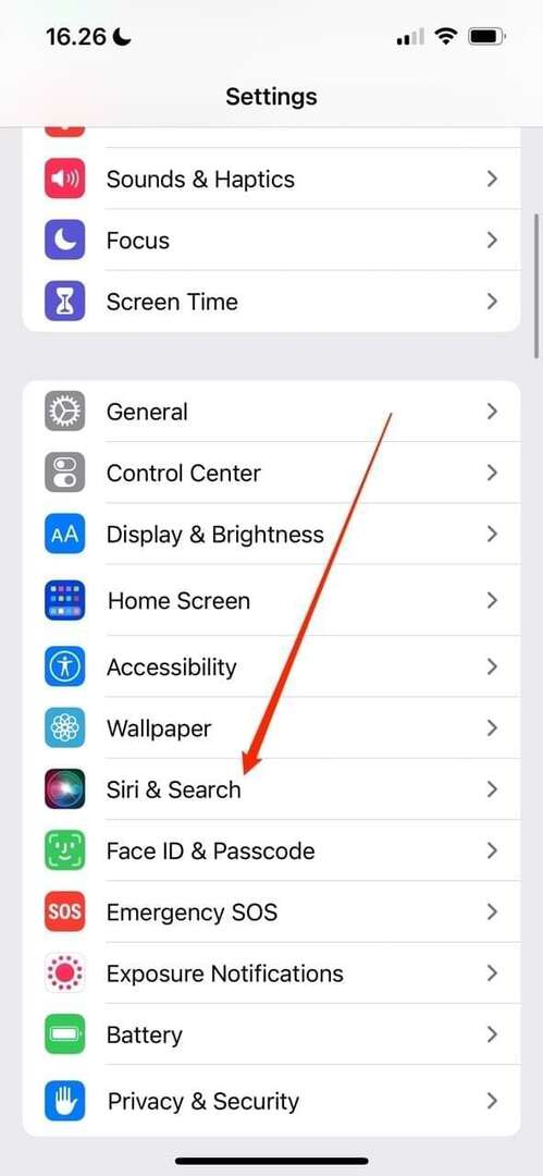 Capture d'écran montrant l'onglet Siri et Recherche dans iOS 16
