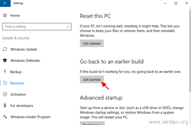 Palaa aikaisempaan versioon Windows 10